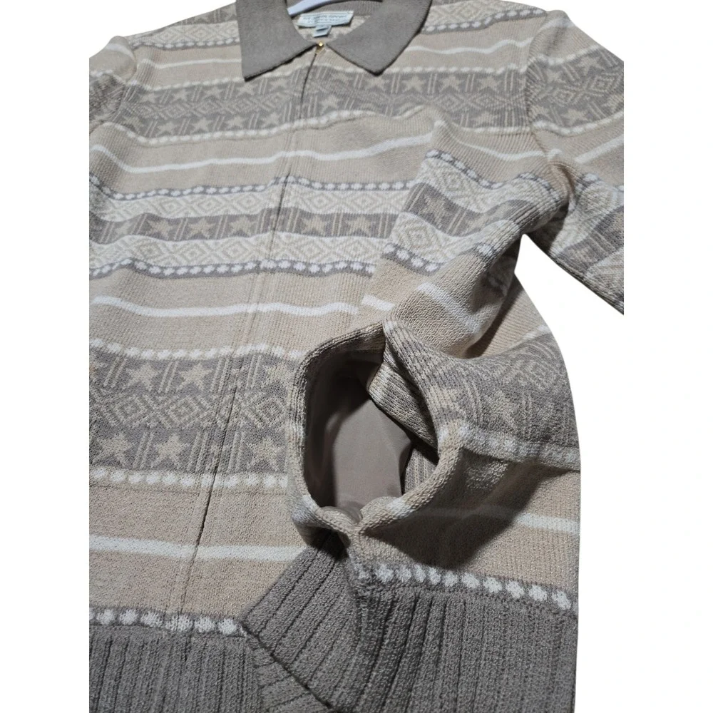 St John Sport Marie Gray Wool Blend Zip Up Sweater Fair Isle Star Beige Tan P